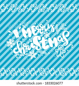 Merry Christmas. Deer, gingerbread man, christmas candy, snowflakes and stars. Spruce twigs. Striped background. Lettering. Holiday card. Isolated vector object.