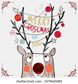 Merry Christmas deer hand drawing vector 2020