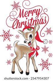 Merry Christmas, Deer, Christmas Hat, Christmas Design Isolated Vector