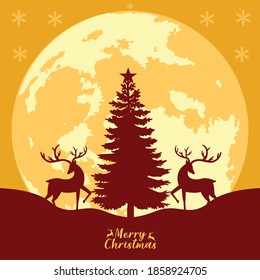 merry christmas Deer in the night forest, vector snowfall illustration