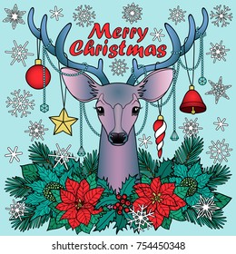 Merry Christmas deer with objects composition. Winter square new year colorful pattern for greeting cards, mock ups, textile prints and covers.