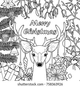 Merry Christmas deer with objects composition. Winter square new year black and white template for greeting cards, mock ups, coloring page and covers.