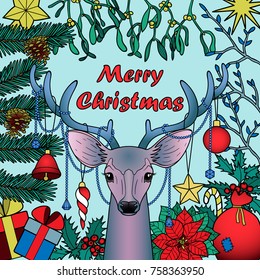 Merry Christmas deer with objects composition. Winter square new year colorful pattern for greeting cards, mock ups, textile prints and covers.