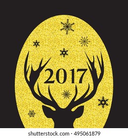 Merry Christmas deer silhouette greeting card vector illustration. Golden glitter Reindeer decoration christmas element. 