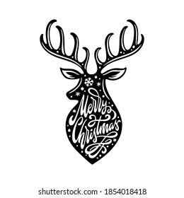 Merry Christmas deer silhouette lettering template. Greeting card invitation with snowflakes. Winter holidays related typographic quote. Vector vintage illustration.