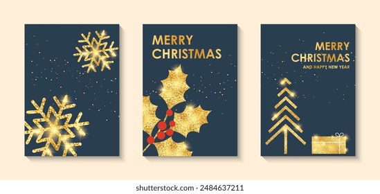 Merry Christmas, deer and snowflakes, holly berries by Christmas trees, set of Christmas cards for your design, winter vector illustration.