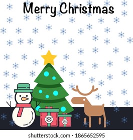 merry Christmas with deer snowman tree star gifts and snow flakes on white background