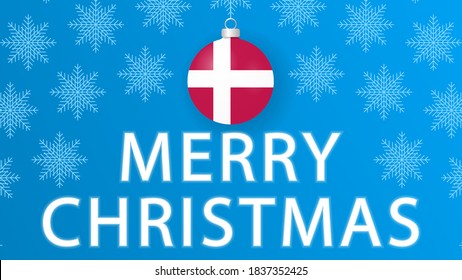 Merry Christmas with Denmark flag.Illustration with snowflakes and Christmas balls on a blue background.Vector illustration.