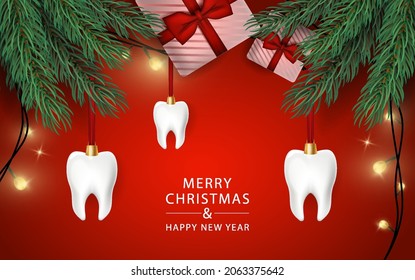  Merry Christmas Dentist banner with 3d teeth on ribbon with realistic fur tree with balls, gift box and garland. Background Xmas design 3d. Poster, greeting cards.