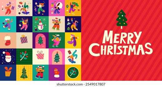 Merry Christmas design. Advent Christmas calendar. Merry Christmas holiday elements. Christmas decorative collection with fun people, Santa Claus, Snowman.  