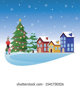 Merry christmas design with avatar man with little kids next to big christmas tree and houses over blue background, vector illustration