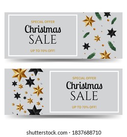 Merry Christmas design banner voucher decorated with pine branch and stars. Modern design cover vector gray background. 