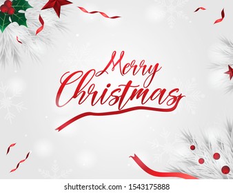Merry Christmas design with candy, fir branches, stars decorates on white snow flakes background. Use as greeting car, banner, poster. Vector illustration.