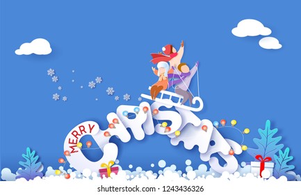 Merry Christmas design card with children sledding on big snow letters and blue sky background . Vector paper art illustration. Paper cut and craft style.