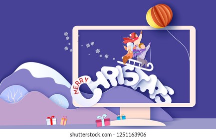 Feliz tarjeta de diseño navideño con niños durmiendo en grandes colinas de nieve y fondo azul del cielo dentro del monitor de computadora. Ilustración artística de papel vectorial. Cortado de papel y estilo artesanal.