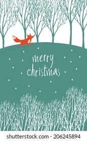 Merry Christmas design card with red fox in a winter forest