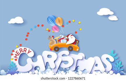 Merry Christmas design card with Santa Claus, Snowman, Reindeer driving yellow bus on big snow letters and blue sky background . Vector paper art illustration. Paper cut and craft style.