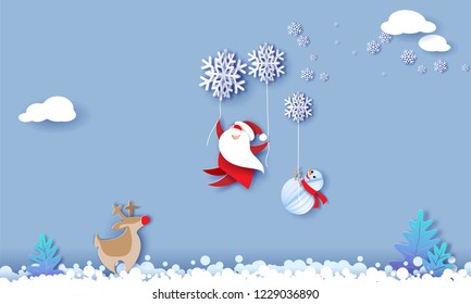 Merry Christmas design card with Santa Claus, Snowman flying with snowflakes over snow field on blue sky background . Vector paper art illustration. Paper cut and craft style.