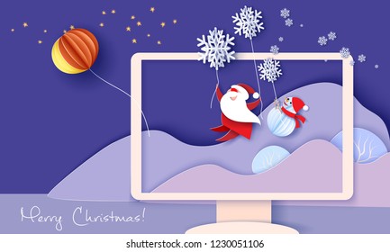 Merry Christmas design card with Santa Claus, Snowman flying with snowflakes at the night with moon balloon in Monitor screen with mountains. Paper cut style. Vector illustration