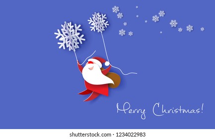 Merry Christmas design card with Santa Claus flying with big snowflakes on purple background . Vector paper art illustration. Paper cut and craft style. Merry Christmas design card with Santa Claus flying with big snowflakes on purple background . Vector paper art illustration. Paper cut and craft style.