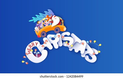 Merry Christmas design card with Santa Claus and children driving yellow bus on big snow letters and blue sky background . Vector paper art illustration. Paper cut and craft style.