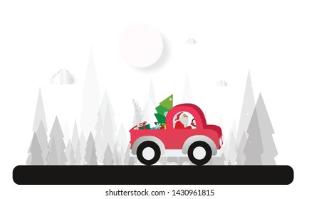 Merry Christmas design card with Santa Claus driving red car on snowy hills and white background. Vector paper art illustration. Paper cut and craft style.