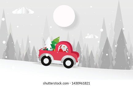 Merry Christmas design card with Santa Claus driving red car on snowy hills and white background. Vector paper art illustration. Paper cut and craft style.