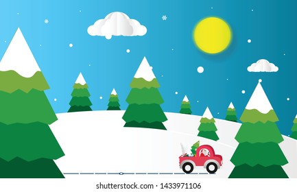 Merry Christmas design card with Santa Claus driving red car on snowy hills and sun background. Vector paper art illustration. Paper cut and craft style.