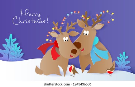 Merry Christmas design card with two Deers with birds blue sky background . Vector paper art illustration. Paper cut and craft style.