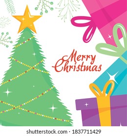 Merry christmas design with colorfu gift boxes and christmas tree over white background, colorful design, vector illustration