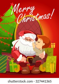 Merry Christmas design concept with cute cartoon Santa Claus holding happy little boy on his knee in front of gifts and christmas tree. Greeting card or poster design. Vector illustration