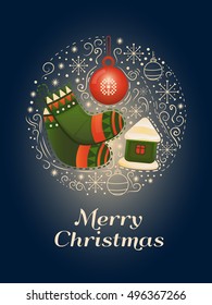 Merry Christmas design concept. Christmas greeting card. Vector illustration xmas celebration. Collection of decorative elements: socks, christmas ball, house, snowflakes. Festive template for banner.