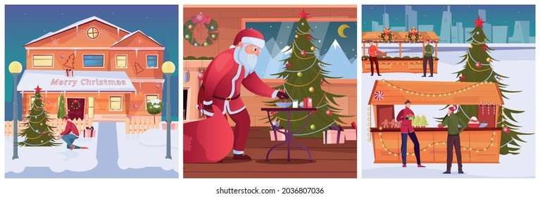 Merry christmas design concept set of three square compositions with people decorating their house and choosing gifts at outdoor souvenir market flat vector illustration
