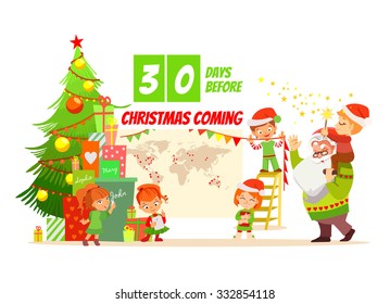 Merry Christmas design concept:cute cartoon santa with elves decorating christmas tree and making christmas gifts. Suitable for christmas banner,poster,card.Isolated on white