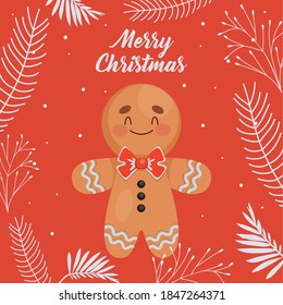 merry christmas design with cute ginger cookie icon and decorative leaves over red background, colorful design, vector illustration
