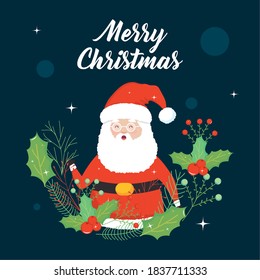 Merry christmas design with cute santa claus and decorative mistletoes over dark blue background, colorful design, vector illustration