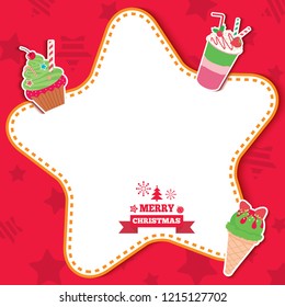 Merry Christmas design with dessert and milkshakes and star frame on red background.