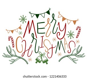 Merry Christmas design element in doodle style. Hand draw typographic New Year. Decorative drawing. Vector illustration.