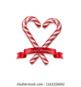 Merry Christmas design element. Vector candy canes in a heart shape and ribbon with a Merry Christmas text.