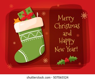 Merry christmas design elements. Bright cartoon background with holiday symbols: Christmas sock and the inscriptions Merry Christmas and Happy New Year! Holiday vector illustration.