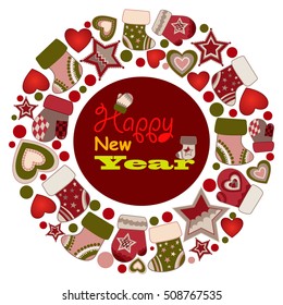 Merry christmas design elements. Bright cartoon background with holiday symbols: christmas sock and the inscriptions  and Happy New Year! Holiday vector illustration. 
