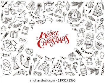 Merry Christmas design elements in doodle style isolated on white background. Vector illustration of xmas traditional symbols. Santa, deer, gingerbread, Christmas tree etc. Happy New Year sketches.