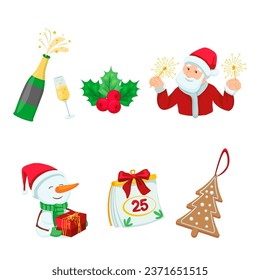 Merry Christmas design elements icon set. Champagne, snowman, Santa Clause with Bengal lights, calendar, gingerbread illustrations in cartoon style. Holiday, celebration, party concept