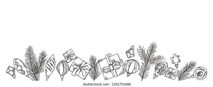 Merry Christmas design elements isolated on white background. Vector illustration of xmas traditional symbols. Gift,  glass balls, Christmas tree. Happy New Year sketches.
