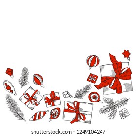 
Merry Christmas design elements isolated on white background. Vector illustration of xmas traditional symbols. Gift, glass balls, Christmas tree. Happy New Year sketches.
