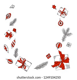 
Merry Christmas design elements isolated on white background. Vector illustration of xmas traditional symbols. Gift, glass balls, Christmas tree. Happy New Year sketches.
