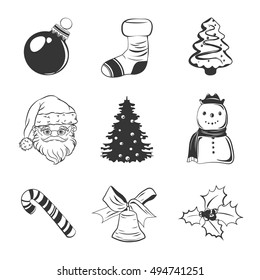 Merry Christmas. Design Elements Set. Isolated Objects. Christmas Tree Cookie, Present Sock, Santa Claus Hat, holly leaf with berries, Snowman, X-mas Tree And Bell with Ribbon. Isolated On White