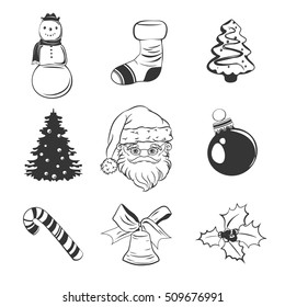 Merry Christmas. Design Elements Set. Isolated Objects. Christmas Tree Cookie, Present Sock, Santa Claus Hat, holly leaf with berries, Snowman, X-mas Tree And Bell with Ribbon. Isolated On White