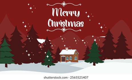 A Merry Christmas design featuring a cozy house surrounded by pine trees and snow, with a red background and festive decorations like stars and snowflakes