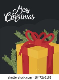 merry christmas design with gift box and pine leaves around over black background, handrawn style, vector illustration